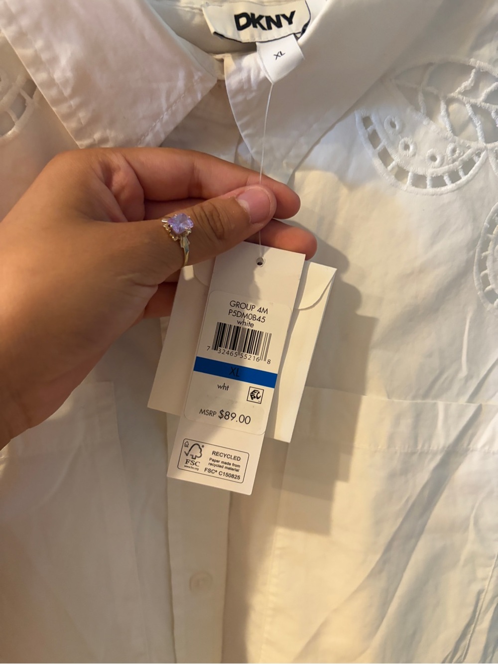 DKNY White Sleeveless Button-Down Top with Eyelet Shoulders. NWT Size XL - Picture 6 of 6